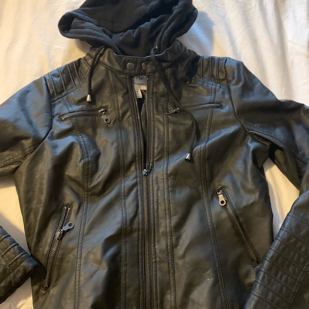 Black faux leather hooded jacket